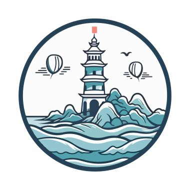 Okyanustaki deniz feneri küçük kayalık ada vektör amblemi üzerinde. Deniz feneri kulesi maskotu.