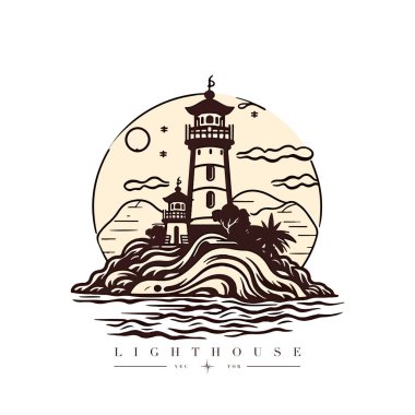 Okyanustaki deniz feneri küçük kayalık ada vektör amblemi üzerinde. Deniz feneri kulesi maskotu.