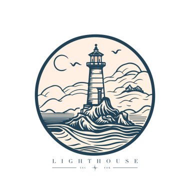 Okyanustaki deniz feneri küçük kayalık ada vektör amblemi üzerinde. Deniz feneri kulesi maskotu.