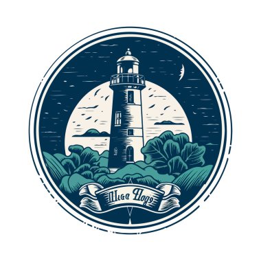 Okyanustaki deniz feneri küçük kayalık ada vektör amblemi üzerinde. Deniz feneri kulesi maskotu.