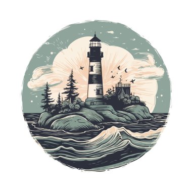 Okyanustaki deniz feneri küçük kayalık ada vektör amblemi üzerinde. Deniz feneri kulesi maskotu.