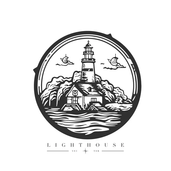 Stock vector Lighthouse in the ocean on the small rocky island vector logo emblem. Lighthouse tower mascot.