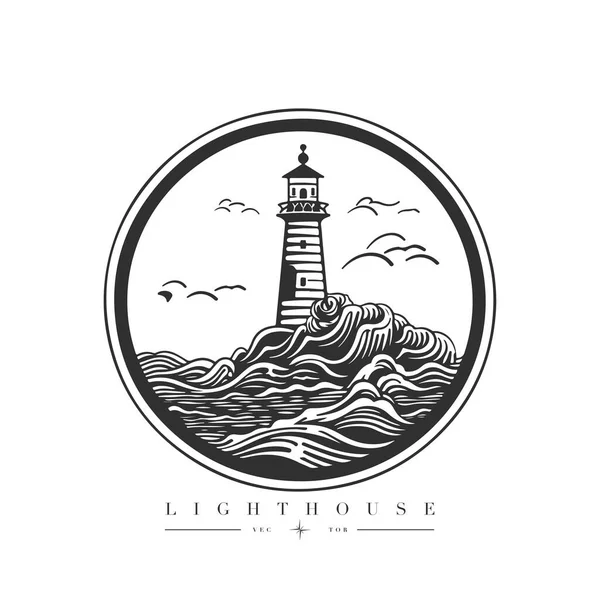 Okyanustaki deniz feneri küçük kayalık ada vektör amblemi üzerinde. Deniz feneri kulesi maskotu.