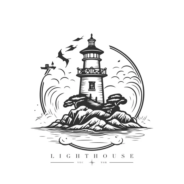 stock vector Lighthouse in the ocean on the small rocky island vector logo emblem. Lighthouse tower mascot.