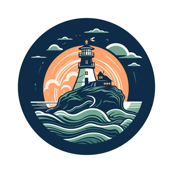 Faro Nell Oceano Sul Piccolo Emblema Del Logo Vettoriale Dell — Vettoriale Stock