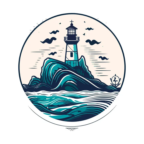 stock vector Lighthouse in the ocean on the small rocky island vector logo emblem. Lighthouse tower mascot.