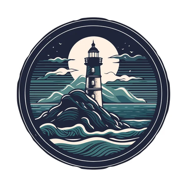 灯塔在海洋上的小岩石岛矢量标志 灯塔塔吉祥物 — 图库矢量图片