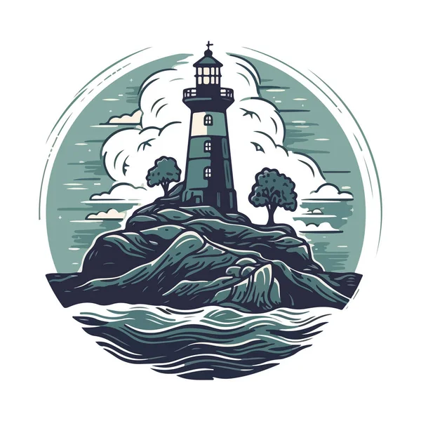灯塔在海洋上的小岩石岛矢量标志 灯塔塔吉祥物 — 图库矢量图片