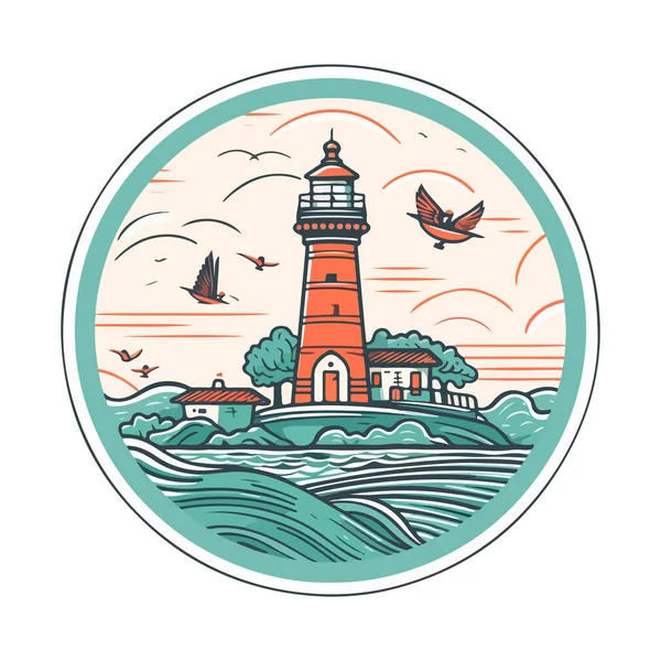Phare Dans Océan Sur Petite Île Rocheuse Logo Vecteur Emblème — Image vectorielle