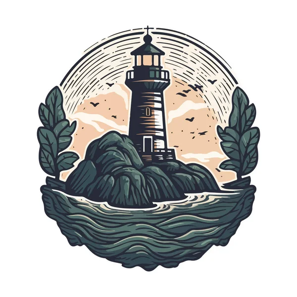 Lighthouse Ocean Small Rocky Island Vector Logo Emblem Lighthouse Tower — Stock Vector