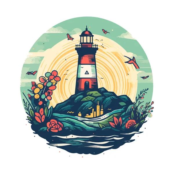 Phare Dans Océan Sur Petite Île Rocheuse Logo Vecteur Emblème — Image vectorielle