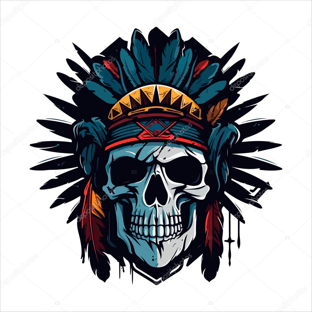 Skull emblem vector logo. Agressive human cherokee, apache skull.
