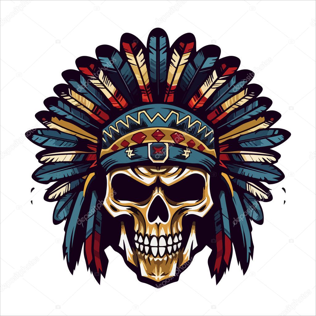 Skull emblem vector logo. Agressive human cherokee, apache skull.