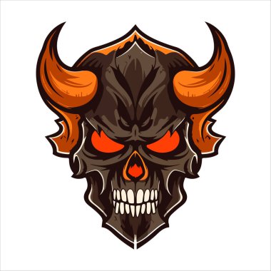 Kafatası amblem vektör logosu. Saldırgan şeytani boynuzlu kafatası.