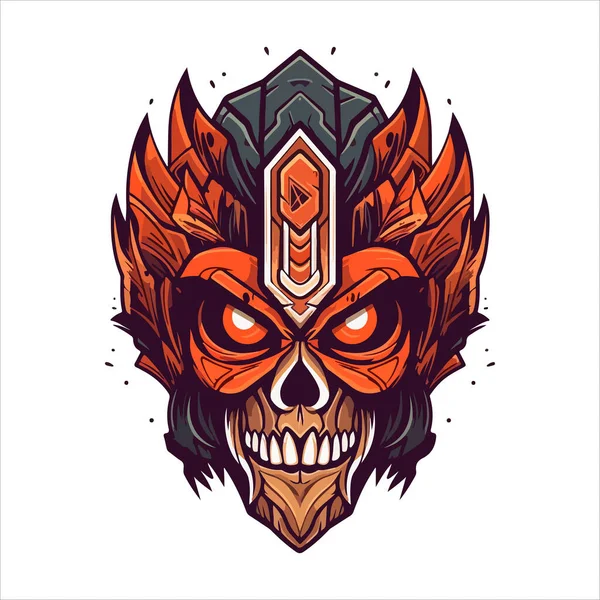 Totenkopf Emblem Vektor Logo Aggressiver Menschlicher Aztekischer Dämonenschädel — Stockvektor