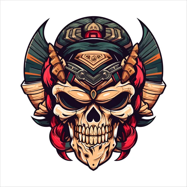 Totenkopf Emblem Vektor Logo Aggressiver Menschlicher Aztekischer Dämonenschädel — Stockvektor