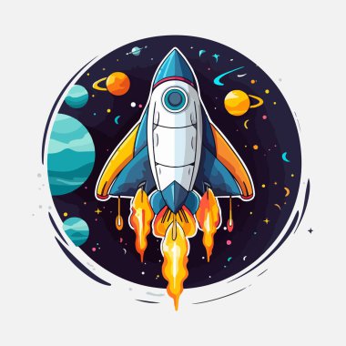 Yıldız gemisi logosu. Uzay uydusu retro uzay mekiği keşif logotları gözlemevi vektör rozetleri izole edildi. Mekik ve uydu, uzay gemisi ve roket macera çizimi.