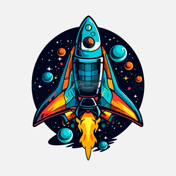 Logo Nave Espacio Satelite Transbordador Retro Luna Descubrimiento Logotipos Insignias — Vector de stock