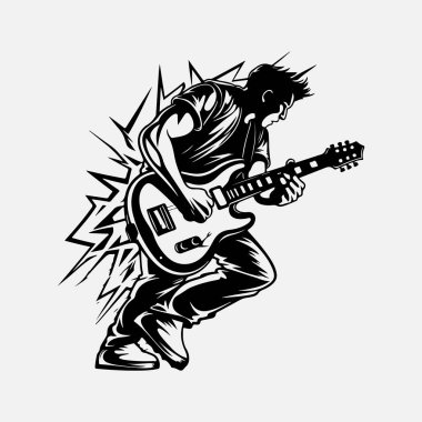 Gitarlı adam. Rock Yıldızı. Serseri. Müzisyen sanatçı vektör çizimi.