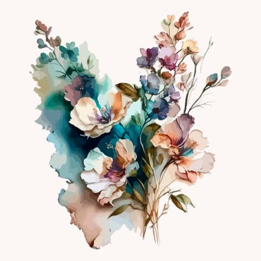 Suluboya çiçek buketi. Güzel çiçeklerin tasviri.