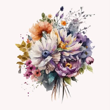 Suluboya çiçek buketi. Güzel çiçeklerin tasviri.