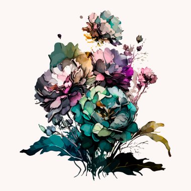 Suluboya çiçek buketi. Güzel çiçeklerin tasviri.