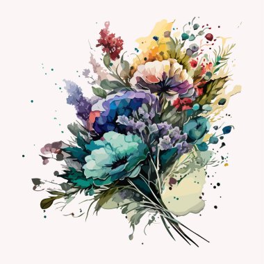 Suluboya çiçek buketi. Güzel çiçeklerin tasviri.