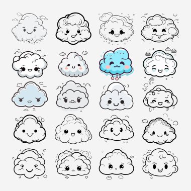 Tatlı vektör karikatür bulutları koleksiyonu. Emoji bulutları illüstrasyon