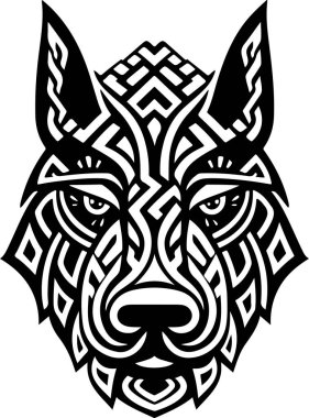 Vektör süslemeli eski kurt, köpek kafası çizimi. Soyut tarihi mitoloji köpeği ya da kurt başı logosu. Parmak izi veya dövme için iyi..