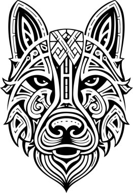 Vektör süslemeli eski kurt, köpek kafası çizimi. Soyut tarihi mitoloji köpeği ya da kurt başı logosu. Parmak izi veya dövme için iyi..