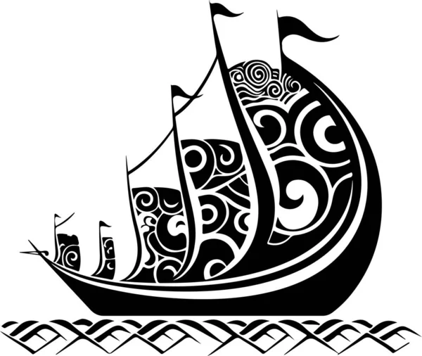 Vektör Süslemeli Antik Yelkenli Çizimi Soyut Tarihi Mitoloji Gemisi Logosu — Stok Vektör