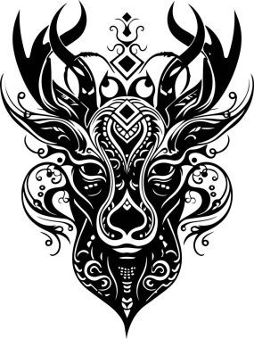 Vektör süslemeli antik geyik, baş illüstrasyonu. Soyut tarihi mitoloji geyik logosu yağmuru. Parmak izi veya dövme için iyi..