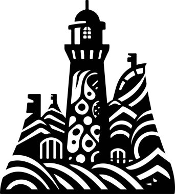 Deniz illüstrasyonunda geleneksel dekoratif deniz feneri. Soyut tarihi mitoloji deniz feneri logosu. Parmak izi veya dövme için iyi..