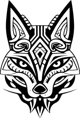 Vektör süslemeli eski kurt, köpek kafası çizimi. Soyut tarihi mitoloji köpeği ya da kurt başı logosu. Parmak izi veya dövme için iyi..