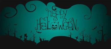 Cadılar Bayramı çizgi film süslemeleri, balkabağı, mezarlıktaki ağaçlar. Cadılar Bayramı 'nın temsilcisi. Kopya alanı olan Cadılar Bayramı afişi.