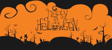 Cadılar Bayramı çizgi film süslemeleri, balkabağı, mezarlıktaki ağaçlar. Cadılar Bayramı 'nın temsilcisi. Kopya alanı olan Cadılar Bayramı afişi.