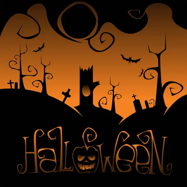 Décorations Vectorielles Dessin Animé Halloween Avec Citrouille Arbres Sur Cimetière — Image vectorielle