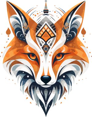 Vektör süslemeli eski tilki kafası çizimi. Soyut tarih mitolojisi tilki kafası logosu. Parmak izi veya dövme için iyi..