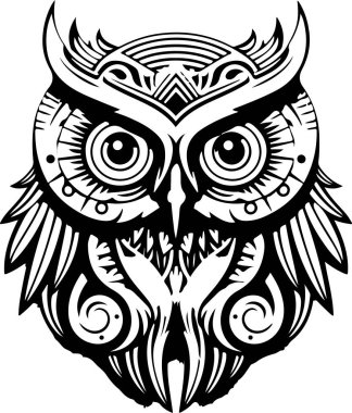 Vektör süsleme antik baykuş çizimi. Soyut tarih mitolojisi kuş kafası logosu. Parmak izi veya dövme için iyi..