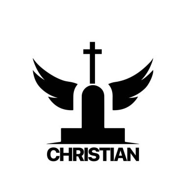 Kilise, tapınak ve güvercin kanatlarıyla Hıristiyan logosu şablonu. Siyah ve beyaz Hıristiyan sembolü. Güvercin kanatları ve kilise kulesi logosu