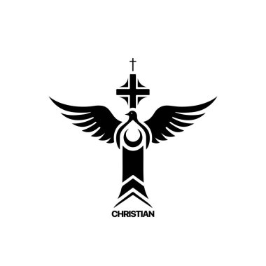 Kilise, tapınak ve güvercin kanatlarıyla Hıristiyan logosu şablonu. Siyah ve beyaz Hıristiyan sembolü. Güvercin kanatları ve kilise kulesi logosu