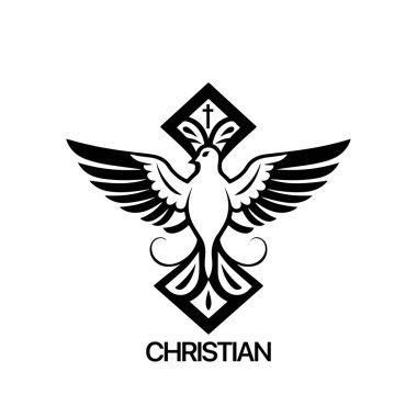 Hristiyan logosu güvercin desenli. Siyah ve beyaz Hıristiyan kutsal ruh sembolü