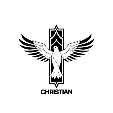 Hristiyan logosu güvercin desenli. Siyah ve beyaz Hıristiyan kutsal ruh sembolü