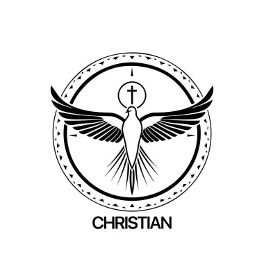 Hristiyan logosu güvercin desenli. Siyah ve beyaz Hıristiyan kutsal ruh sembolü