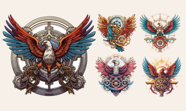 Steampunk Eagle amblem şablonları ayarlandı. Renkli antika buhar punk kuşu, şahin, kartal logosu koleksiyonu