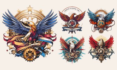 Steampunk Eagle amblem şablonları ayarlandı. Renkli antika buhar punk kuşu, şahin, kartal logosu koleksiyonu