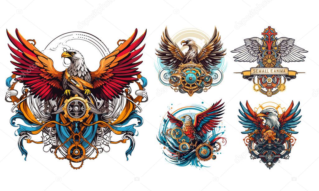 Steampunk Eagle logo emblem templates set. Colored vintage whimsical steam punk bird, hawk, eagle logo collection