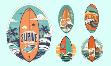 Retro Sörf logo şablonları ayarlandı. Sörf tahtası, deniz ve güneş olan klasik logo.