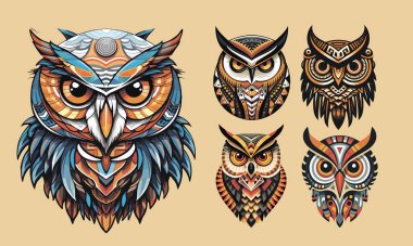 Vektör süsleme kadim baykuş çizimi. Soyut tarih mitolojisi kuş kafası logosu. Parmak izi veya dövme için iyi..