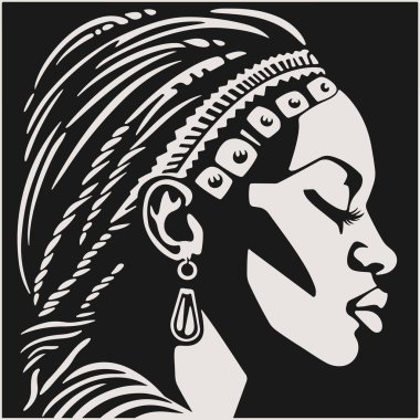 Soyut sanat vektörü, Afrikalı kadın yüzünün çizimini çiziyor. Kız portresinin siyah beyaz renkli sayfası. Modern baskı, poster resmi